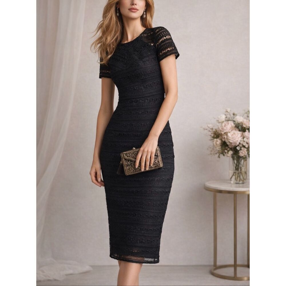 JessaKae Evangeline Black Lace Midi Dress Sheath Cocktail Wedding M